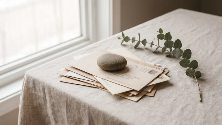 Papers and a smooth grey stone arranged on a linen tablecloth in soft daylight
