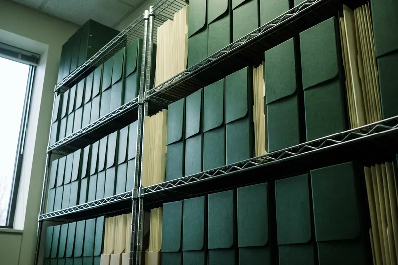 Tall shelves of green archive boxes in an records room