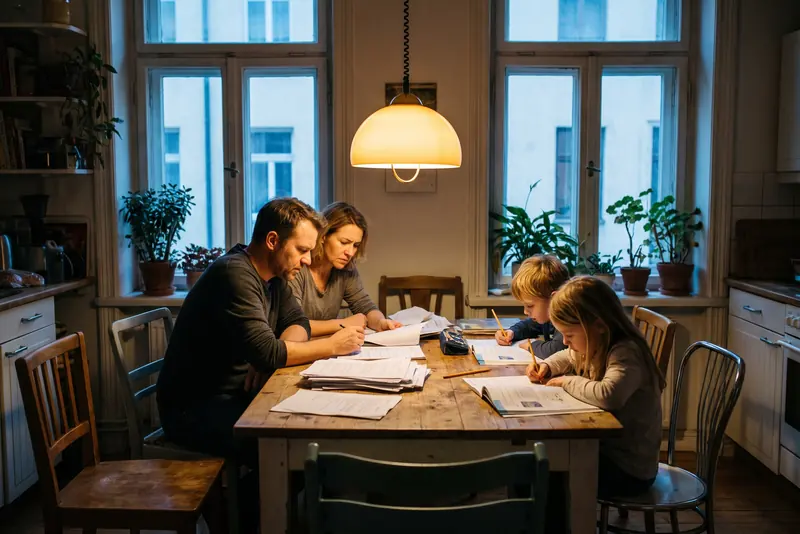 A family working through paperwork together at a kitchen table under a warm pendant lamp