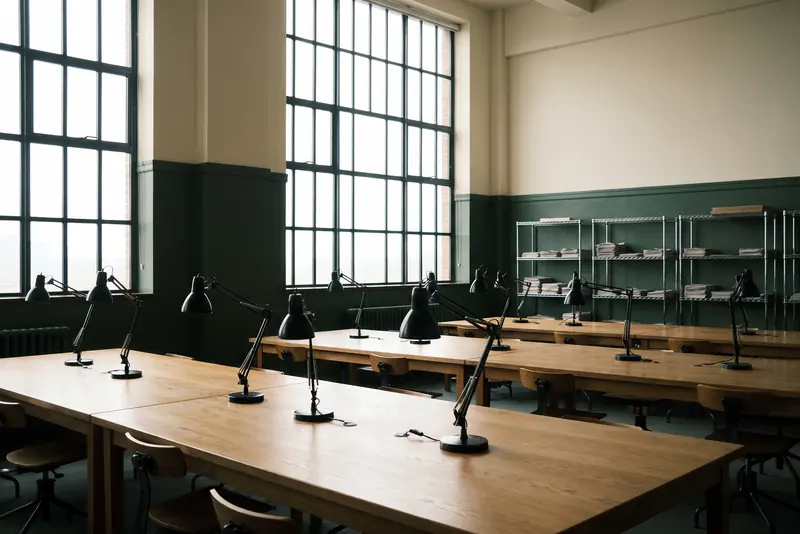 A long room of empty desks with green lamps, arranged like a newsroom