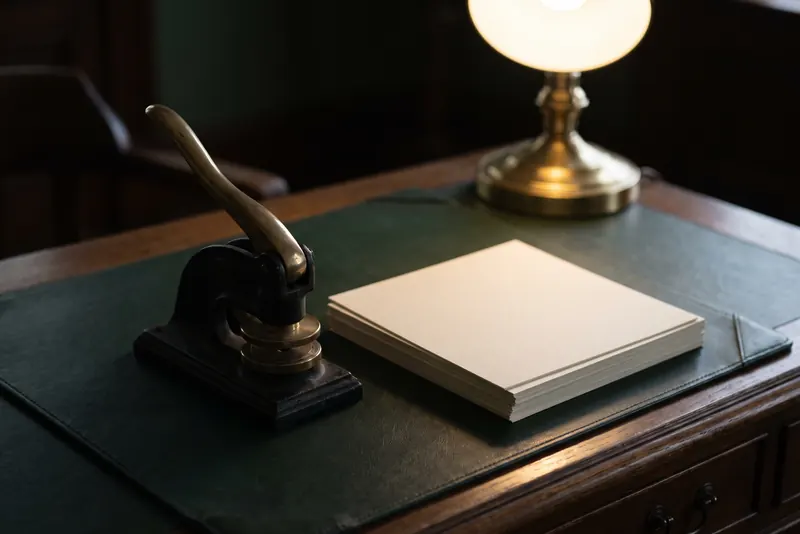 A cast-iron embossing seal press on a dark desk beside a brass lamp